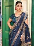 Teal Ethnic Motifs Embroidered Zari Pure Chiffon Saree