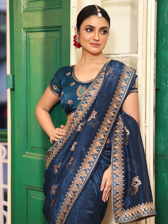 Teal Ethnic Motifs Embroidered Zari Pure Chiffon Saree