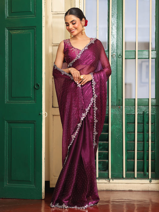 Wine Women Embellished Zari Organza Heavy Mirror Work Saree