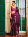 Wine Women Embellished Zari Organza Heavy Mirror Work Saree