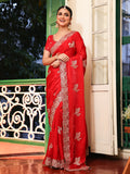 Red Embroidered Embellished Tissue Saree