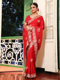 Red Embroidered Embellished Tissue Saree