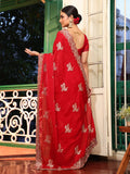 Red Embroidered Embellished Tissue Saree