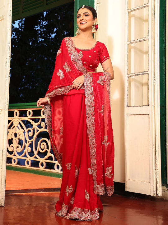 Red Embroidered Embellished Tissue Saree