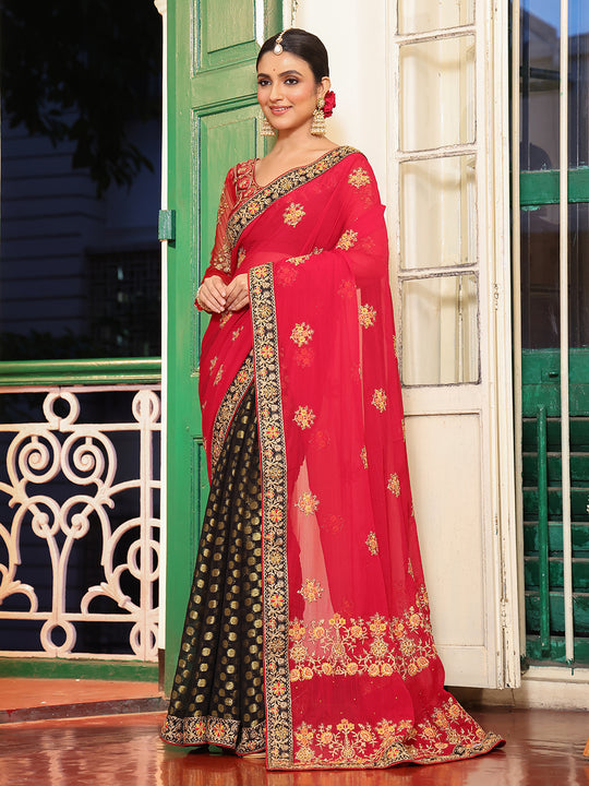 Red And Black Embellished Embroidered Viscose Saree