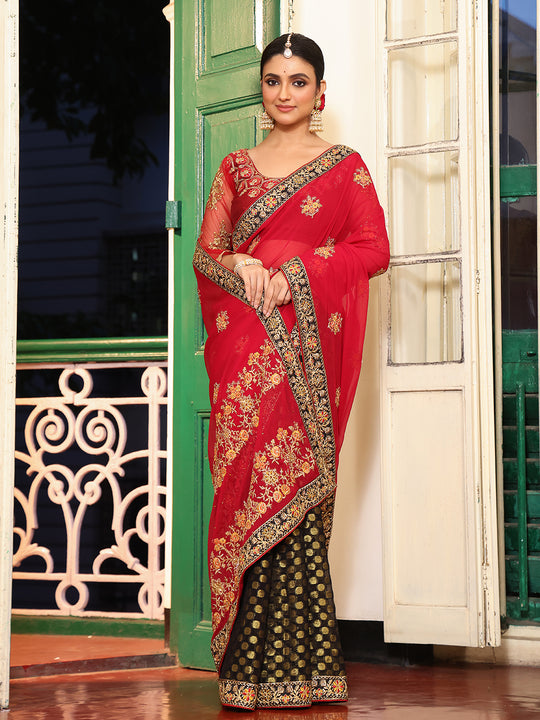 Red And Black Embellished Embroidered Viscose Saree