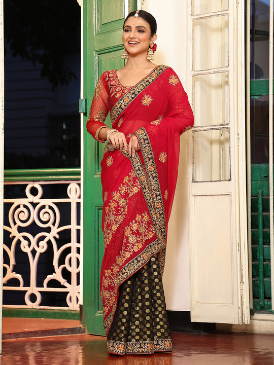 Red And Black Embellished Embroidered Viscose Saree