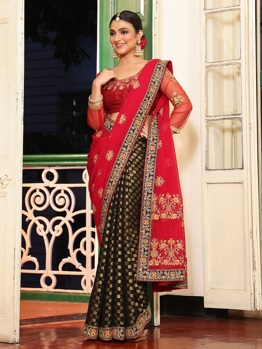 Red And Black Embellished Embroidered Viscose Saree