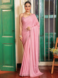 Pink Embellished Satin Beads And Stones Saree With Blouse Piece