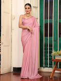 Pink Embellished Satin Beads And Stones Saree With Blouse Piece