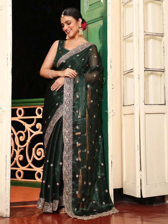 Green Embellished Embroidered Organza Heavy Work Saree