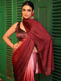 Red Padding Embellished Beads And Stones Satin Saree
