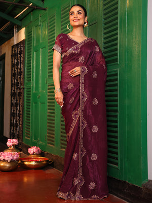 Maroon Ethnic Motifs Zari Embroidered Pure Chiffon Saree With Blouse