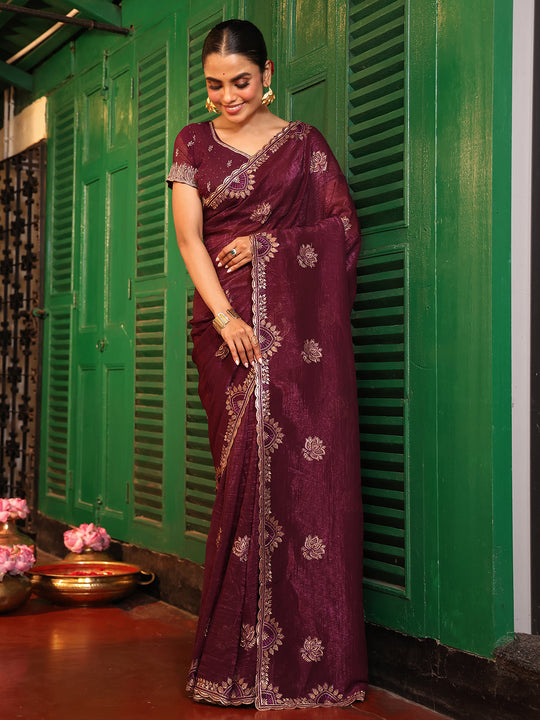 Maroon Ethnic Motifs Zari Embroidered Pure Chiffon Saree With Blouse