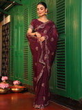Maroon Ethnic Motifs Zari Embroidered Pure Chiffon Saree With Blouse