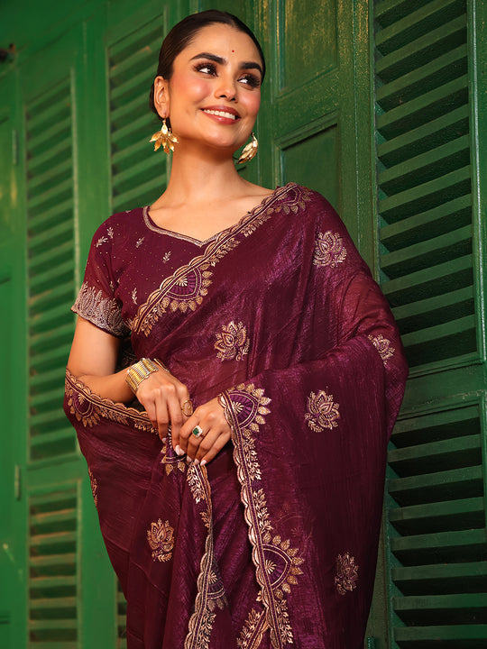 Maroon Ethnic Motifs Zari Embroidered Pure Chiffon Saree With Blouse