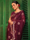 Maroon Ethnic Motifs Zari Embroidered Pure Chiffon Saree With Blouse