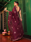 Maroon Ethnic Motifs Zari Embroidered Pure Chiffon Saree With Blouse