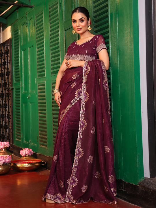 Maroon Ethnic Motifs Zari Embroidered Pure Chiffon Saree With Blouse