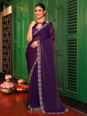 Wine Embellished Border Tissue Saree