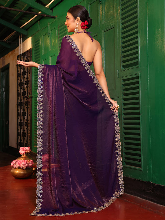 Wine Embellished Border Tissue Saree