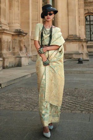 Green Gota Zari Silk Saree With Blouse Piece