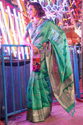 Mint Green Banarasi Silk Saree With Blouse Piece