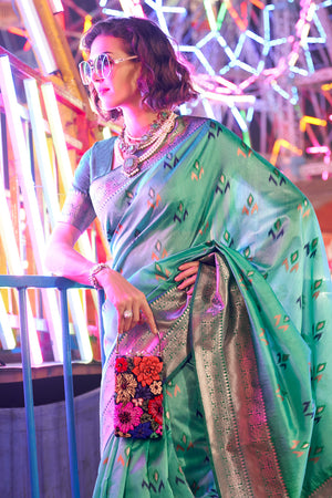 Mint Green Banarasi Silk Saree With Blouse Piece