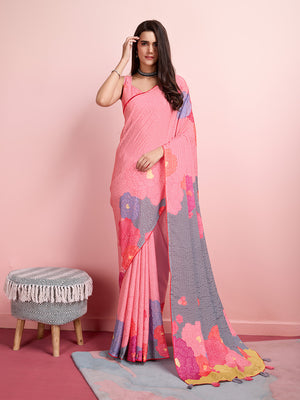 Pink Silk Blend Party Wear Saree With Blouse Piece