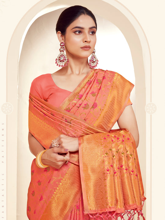 Peach Banarasi Silk Saree With Blouse Piece