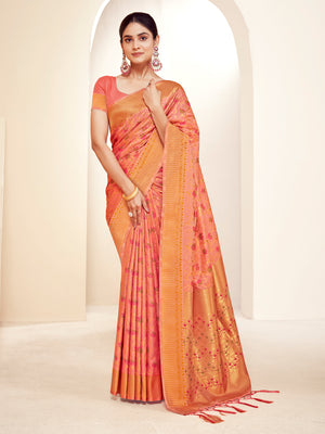 Peach Banarasi Silk Saree With Blouse Piece