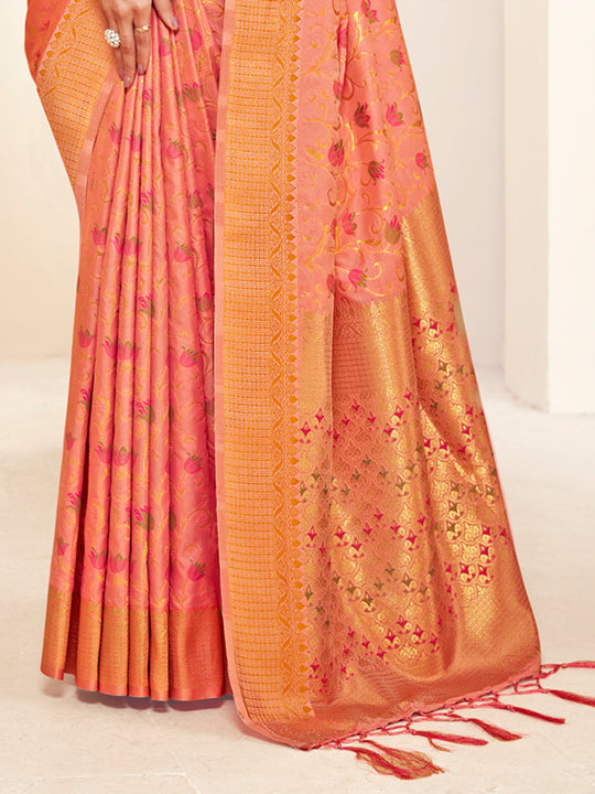 Peach Banarasi Silk Saree With Blouse Piece