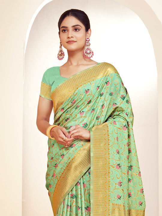 Green Banarasi Silk Saree With Blouse Piece