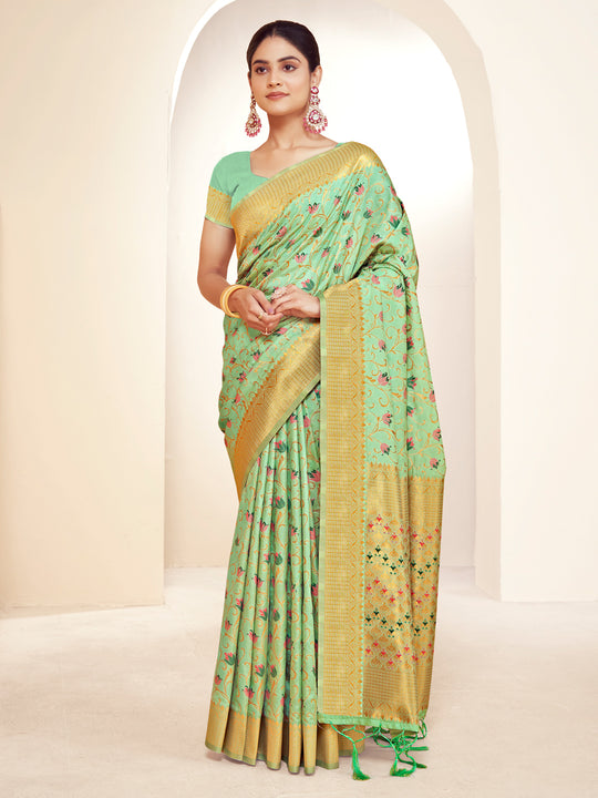 Green Banarasi Silk Saree With Blouse Piece