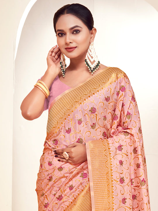 Pink Banarasi Silk Saree With Blouse Piece