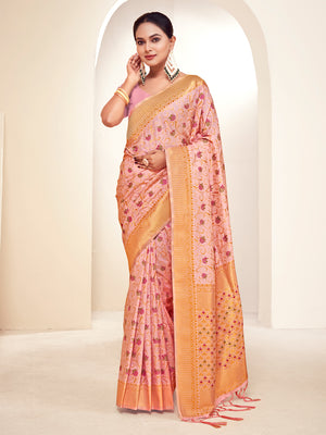 Pink Banarasi Silk Saree With Blouse Piece