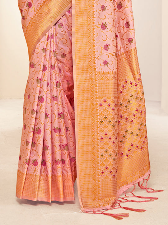 Pink Banarasi Silk Saree With Blouse Piece