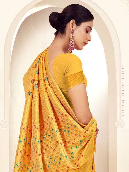 Mustard Banarasi Silk Saree With Blouse Piece