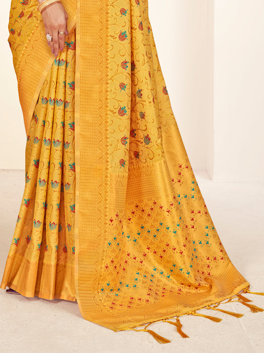 Mustard Banarasi Silk Saree With Blouse Piece
