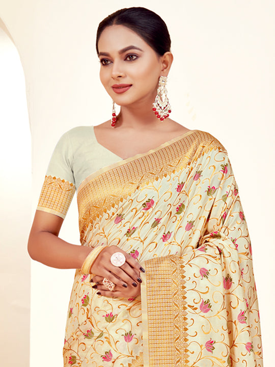 Cream Banarasi Silk Saree With Blouse Piece