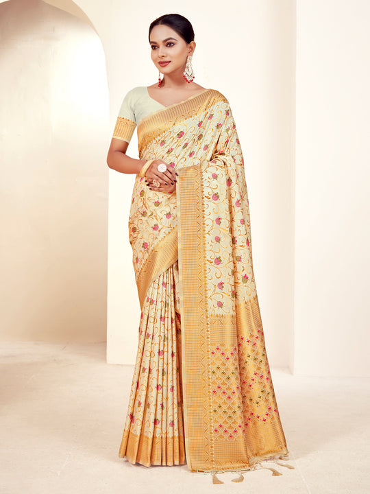 Cream Banarasi Silk Saree With Blouse Piece