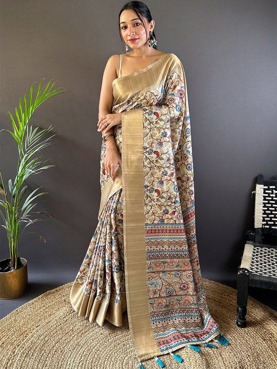 Cream Tussar Silk Saree With Blouse Piece