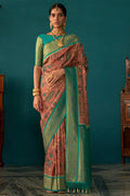 Womens Floral Printed Tusser Silk Pink Saree With Blouse Piece