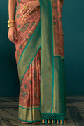 Womens Floral Printed Tusser Silk Pink Saree With Blouse Piece