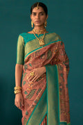Womens Floral Printed Tusser Silk Pink Saree With Blouse Piece