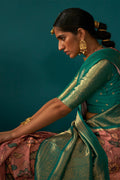 Womens Floral Printed Tusser Silk Pink Saree With Blouse Piece