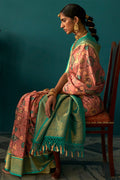 Womens Floral Printed Tusser Silk Pink Saree With Blouse Piece