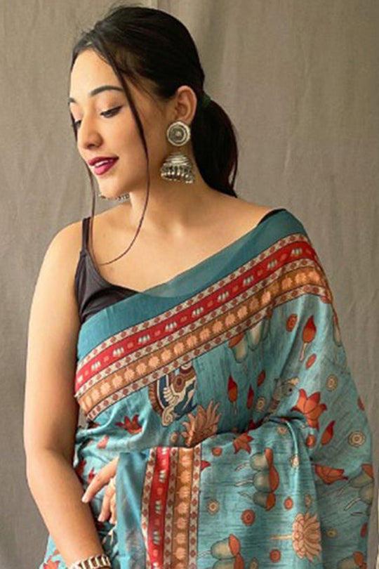 Cornflower Blue Kalamkari Saree