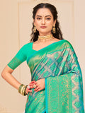 Turquoise Kanjivaram Silk Saree With Blouse Piece