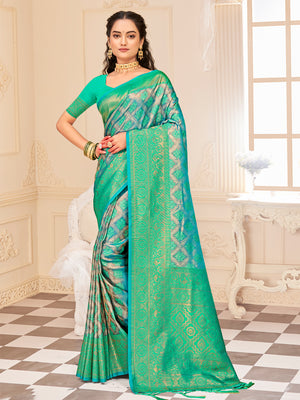 Turquoise Kanjivaram Silk Saree With Blouse Piece